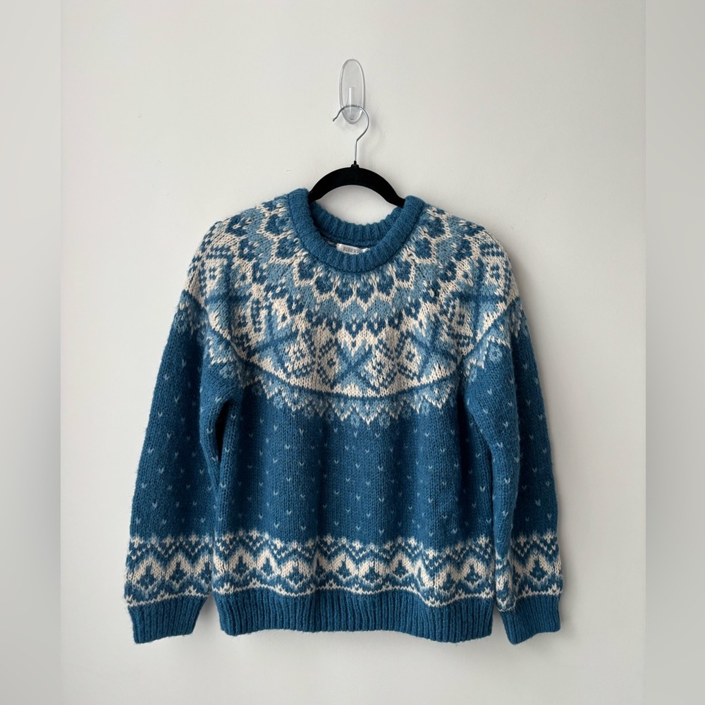 Fair Isle Nordic Sweater Blue Cream Cozy Winter Knit Pullover wool blend